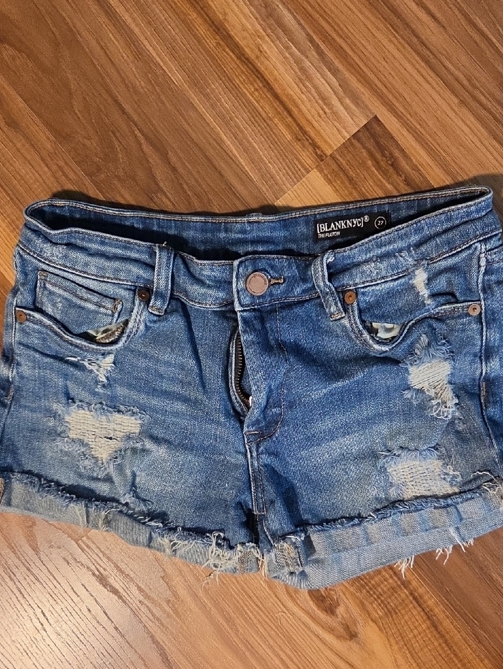 Blank NYC Distressed FULTON Rolled Hem Denim Shorts - Blue